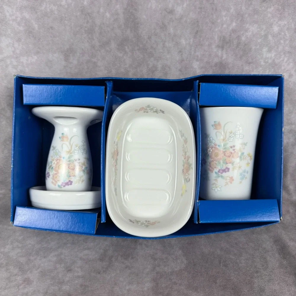 Vtg Takahashi SACHET Floral Porcelain Bathroom Vanity 3pc Set Japan Cottage NIB